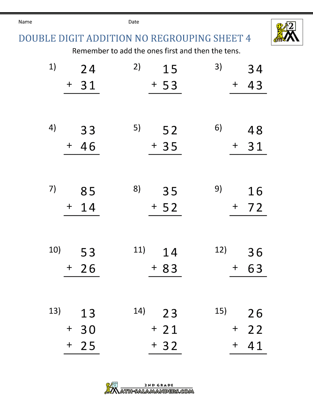 double digit addition without regrouping