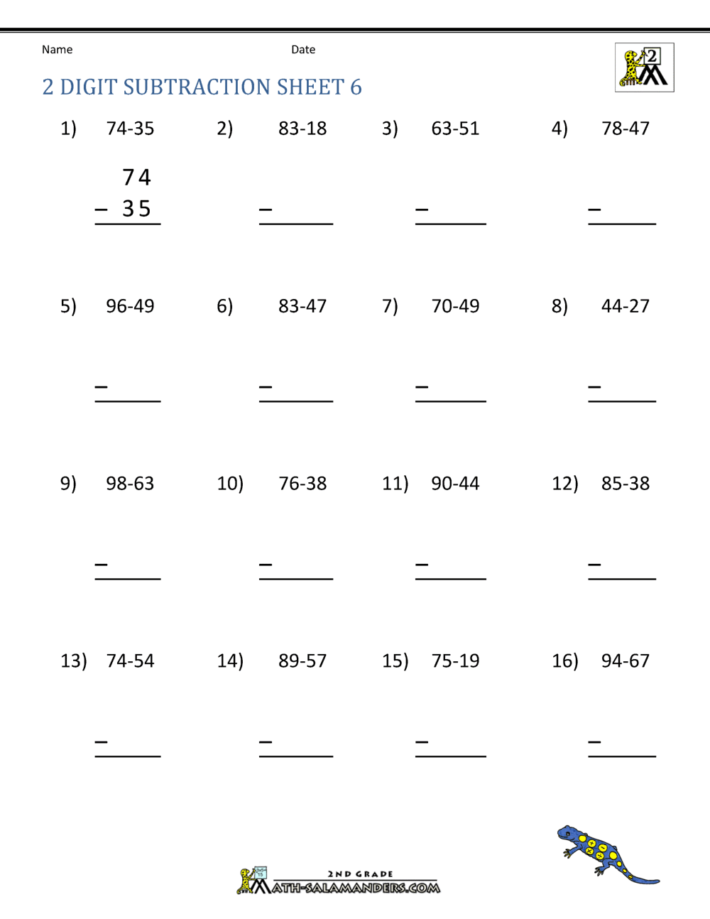 2 Digit Subtraction with Regrouping Worksheets