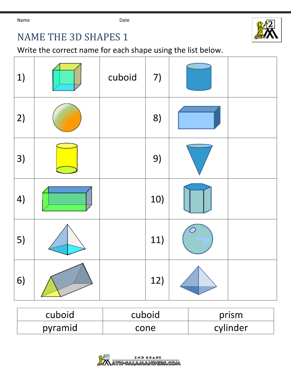 3d shapes worksheets 2nd grade