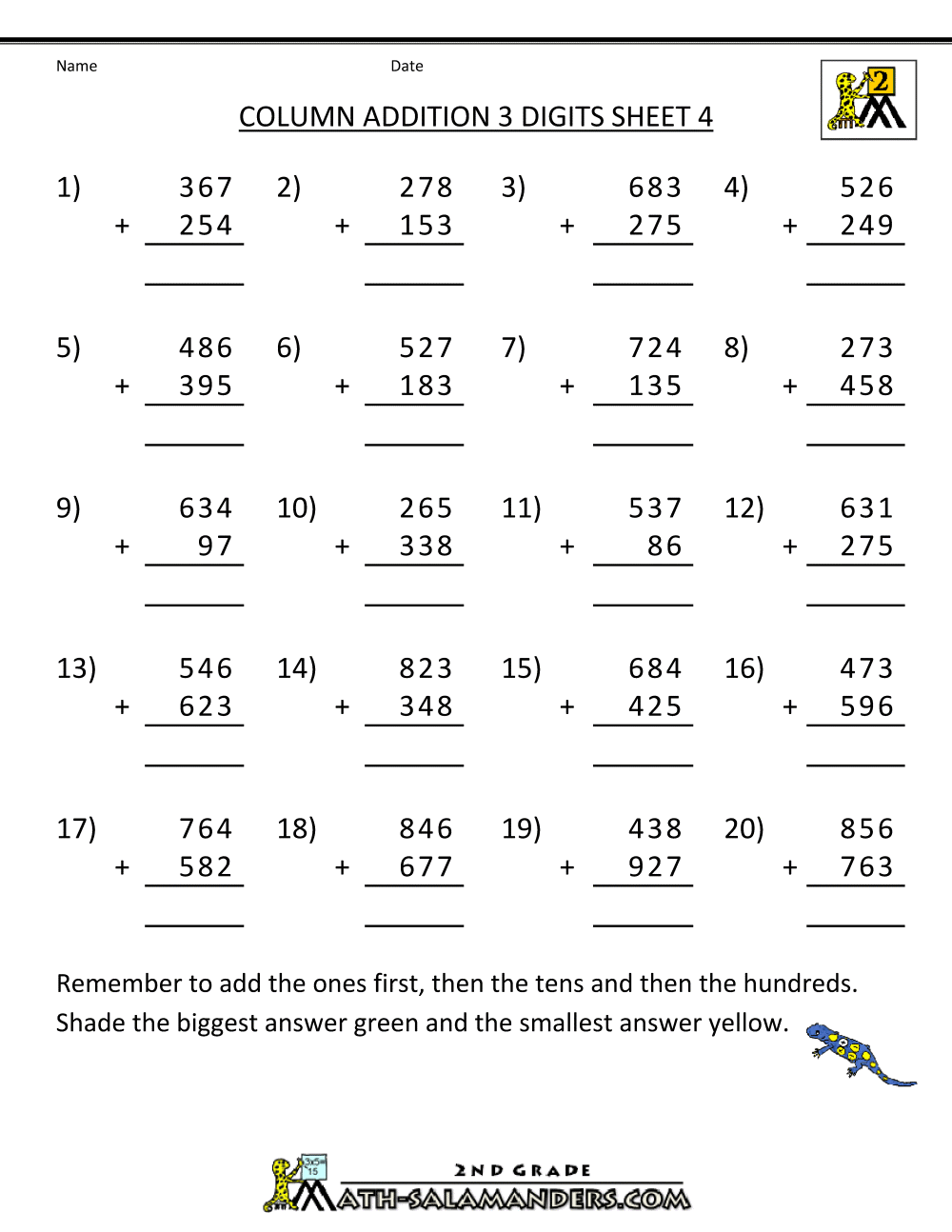 Free Printable Addition Worksheets 3 Digits