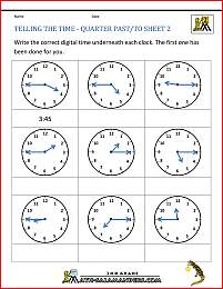 free clock worksheets telling the time quarter past to 2