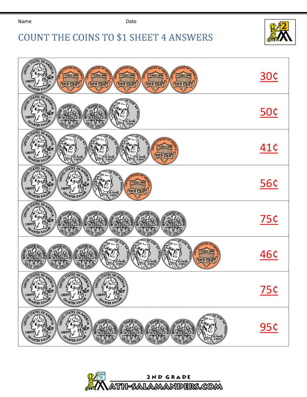 counting money worksheets up to 1