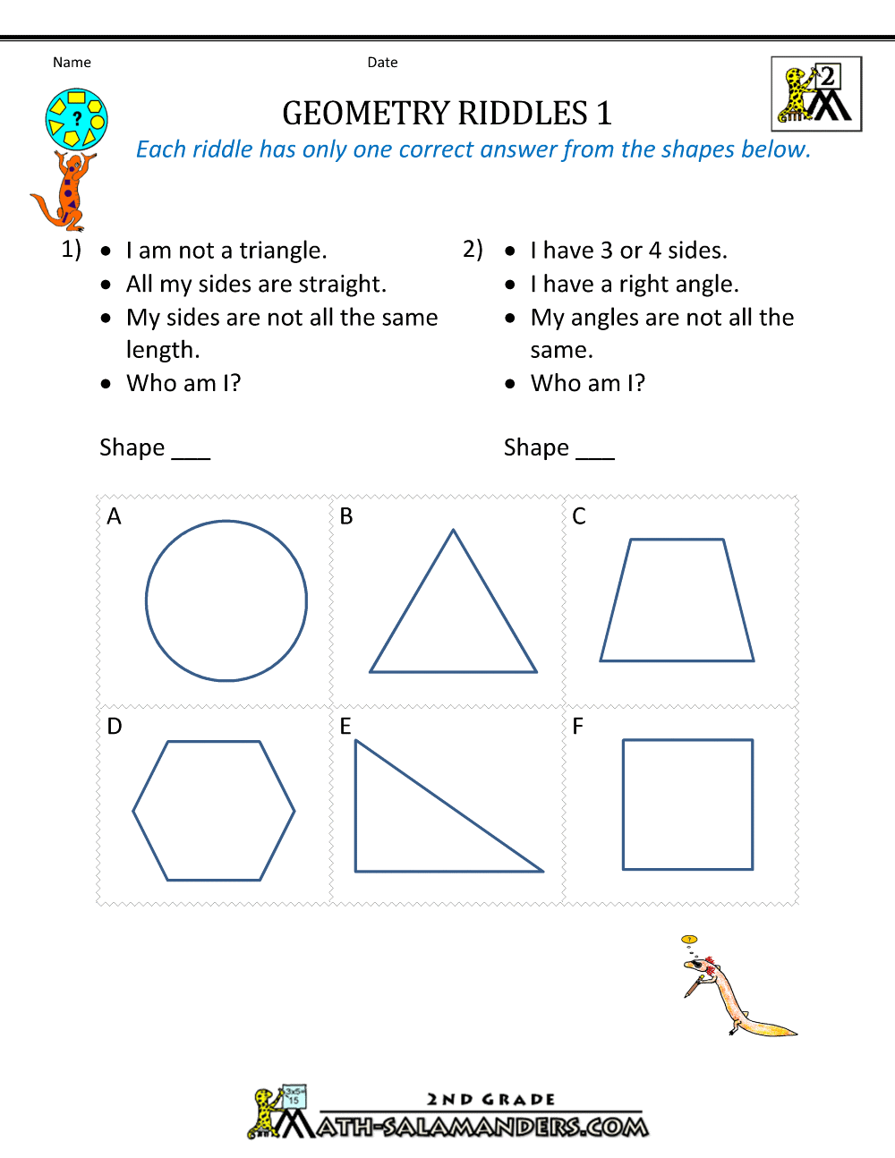 Free Geometry Worksheets 11nd Grade Geometry Riddles Within 2nd Grade Geometry Worksheet