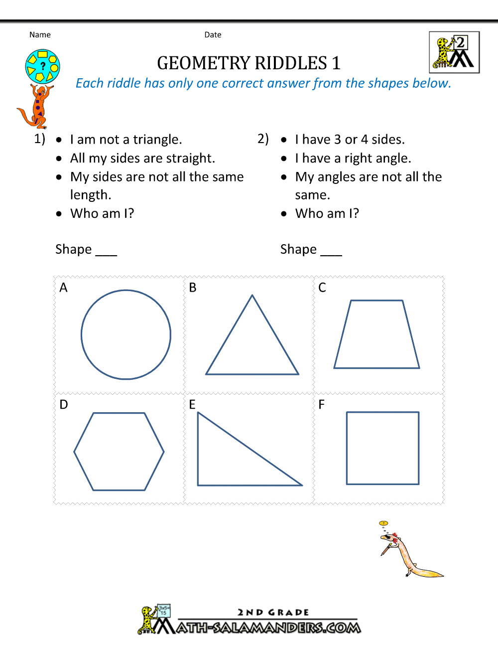 Free Printable First Grade Geometry Worksheets