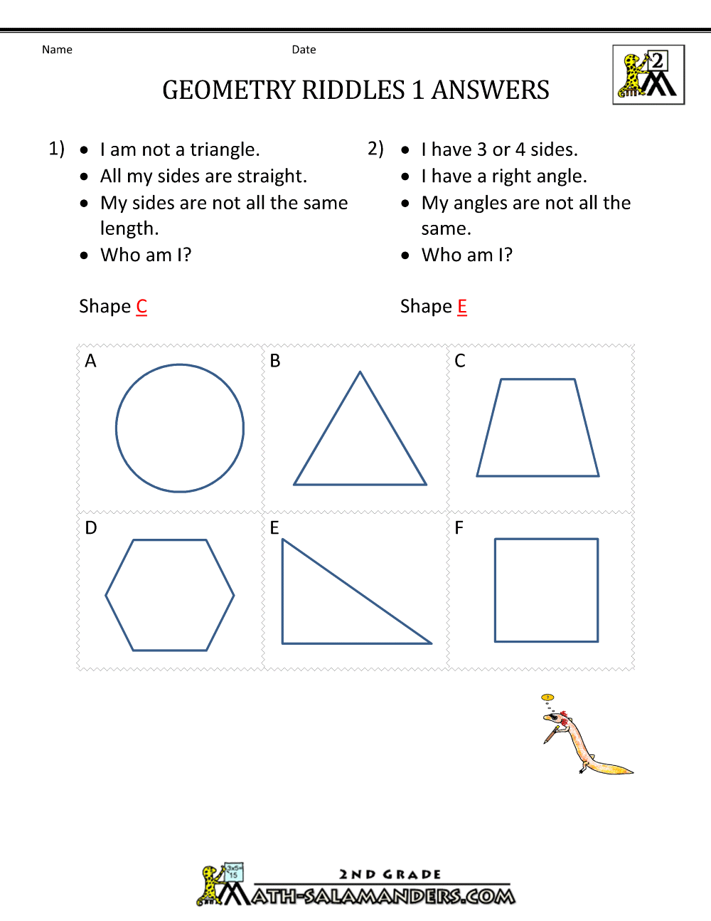 Free Geometry Worksheets 2nd Grade Geometry Riddles