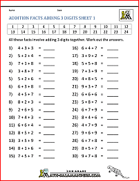 free math addition worksheets addition facts add 3 digits 1