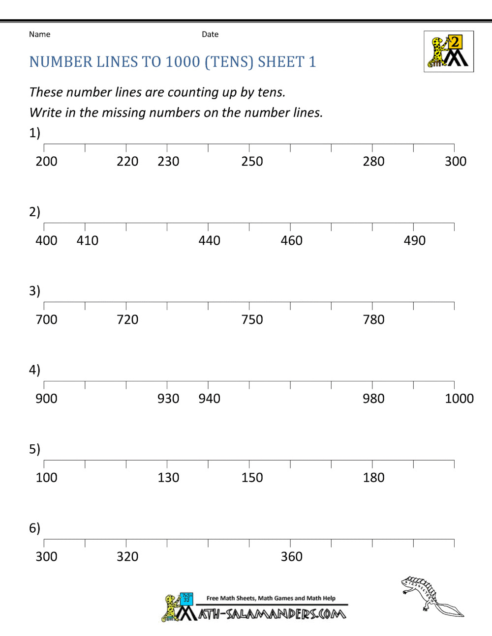 Free Number Line Worksheets Counting By Tens
