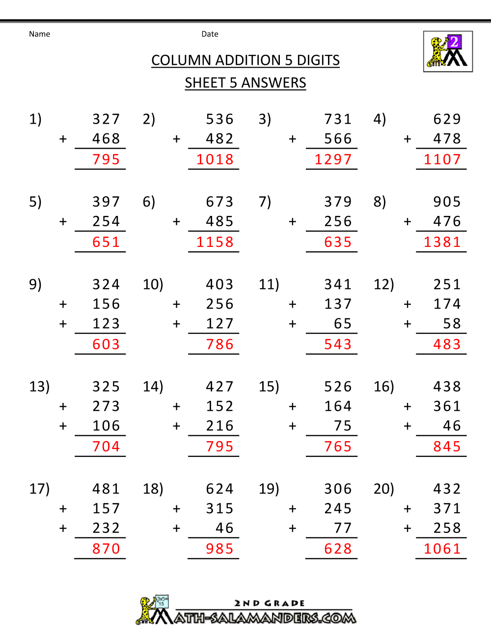 Free Printable Addition Worksheets 3 Digits