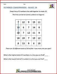 free printable math puzzles number crosswords make 30