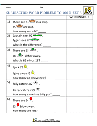 free subtraction word problems to 100 3