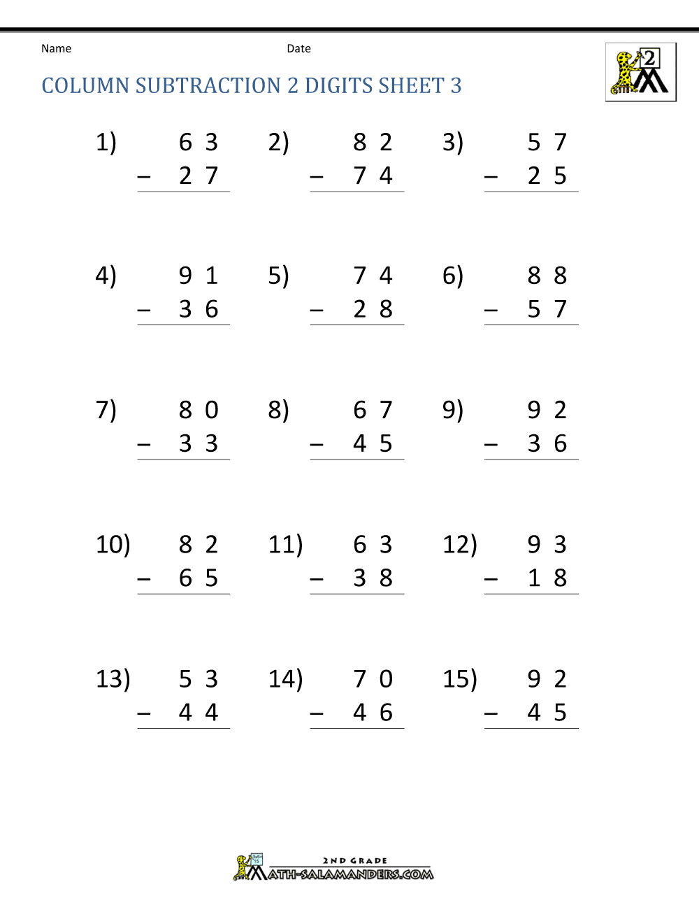 2 Digit Subtraction Worksheets