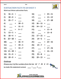 free subtraction worksheets facts to 20 3