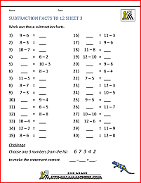 free subtraction worksheets subtraction facts to 12 3