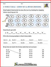 fun multiplication worksheets 6 times table count by 6s river crossing