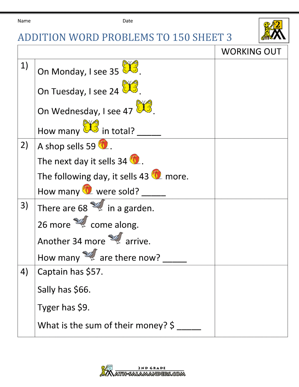 Addition Word Problems 2nd Grade