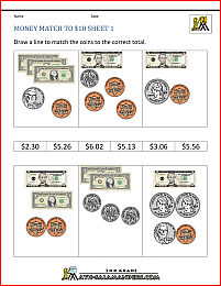 math money worksheets money match to 10 dollars 1