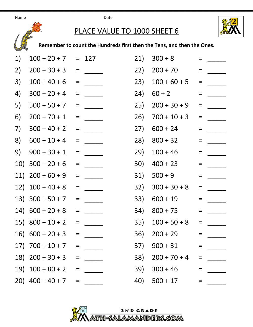 Math Place Value Worksheets to Hundreds