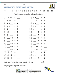 math subtraction facts to 12 4