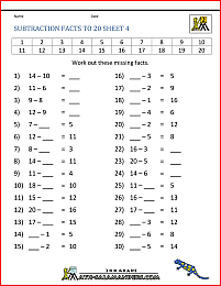 math subtraction worksheets subtraction facts to 20 4