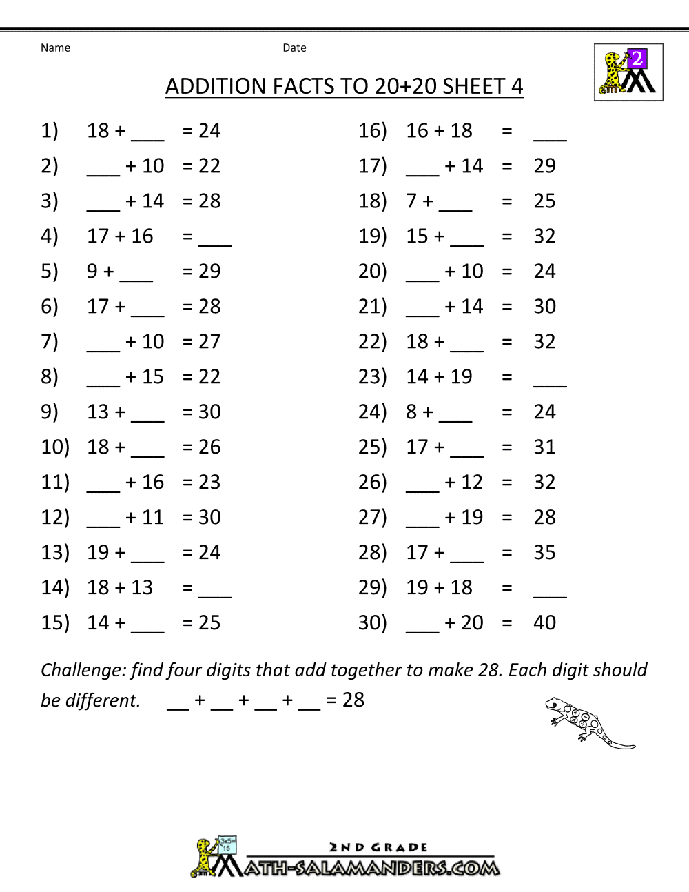 Math Addition Facts To 20 20