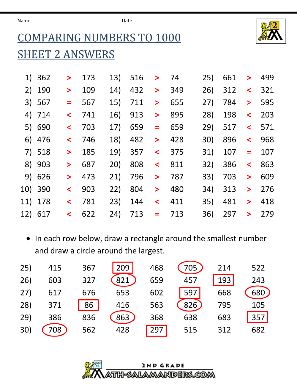 Comparing Numbers Up To 1000 Worksheets