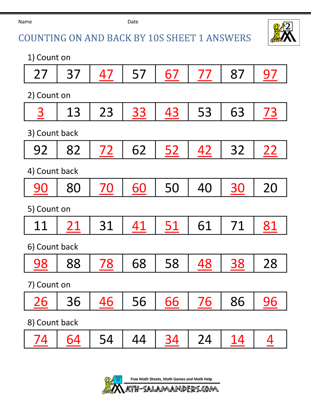 Count by Tens Worksheets