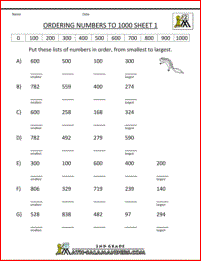 math worksheets place value ordering numbers to 1000 1