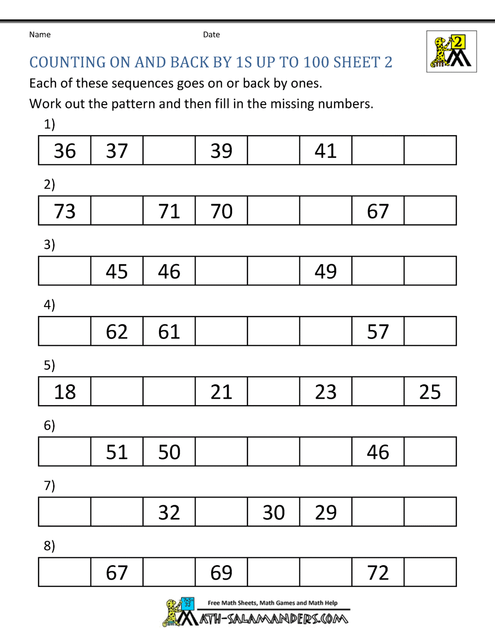 Free Counting Worksheets Counting by 1s