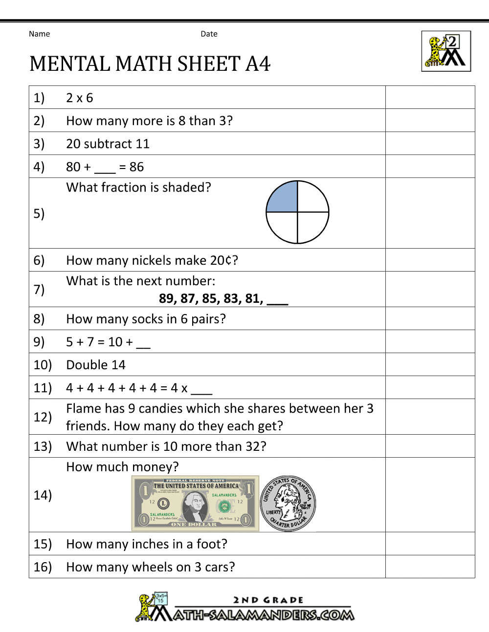 2nd Grade Mental Math Worksheets