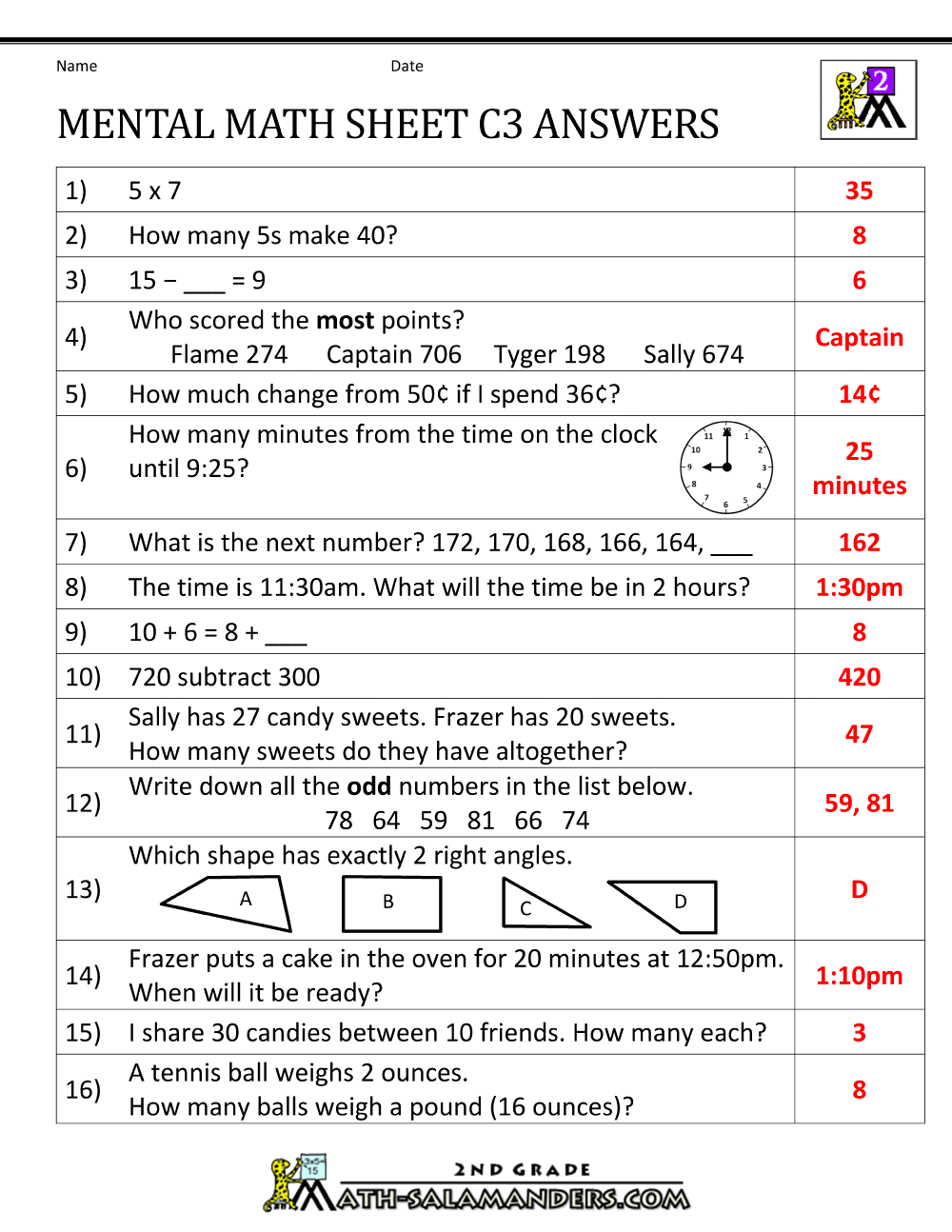 Mental Math Worksheet 2nd Grade