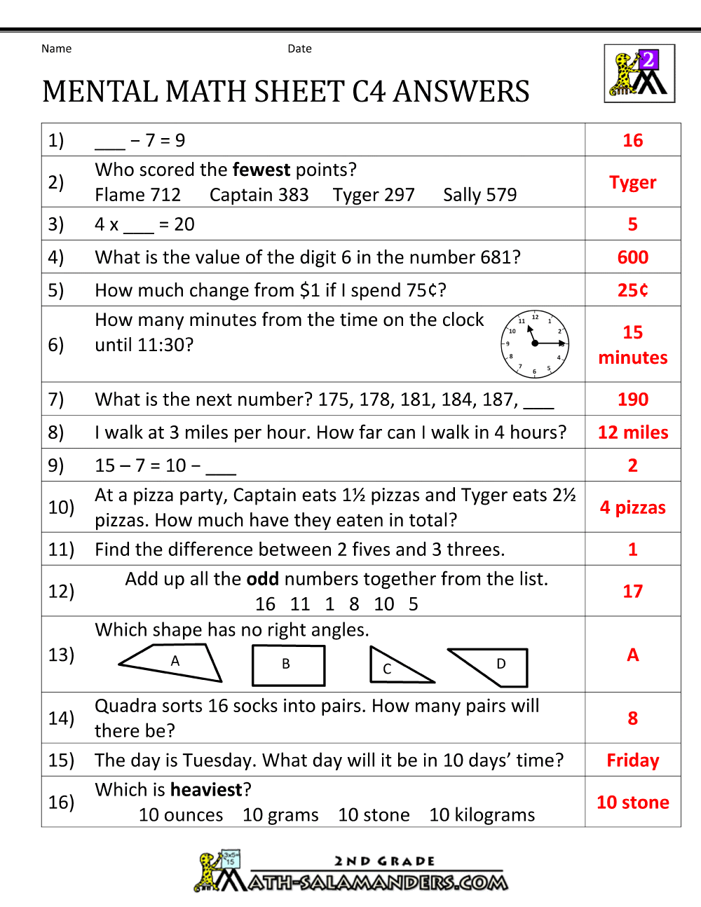 mental math worksheet 2nd grade