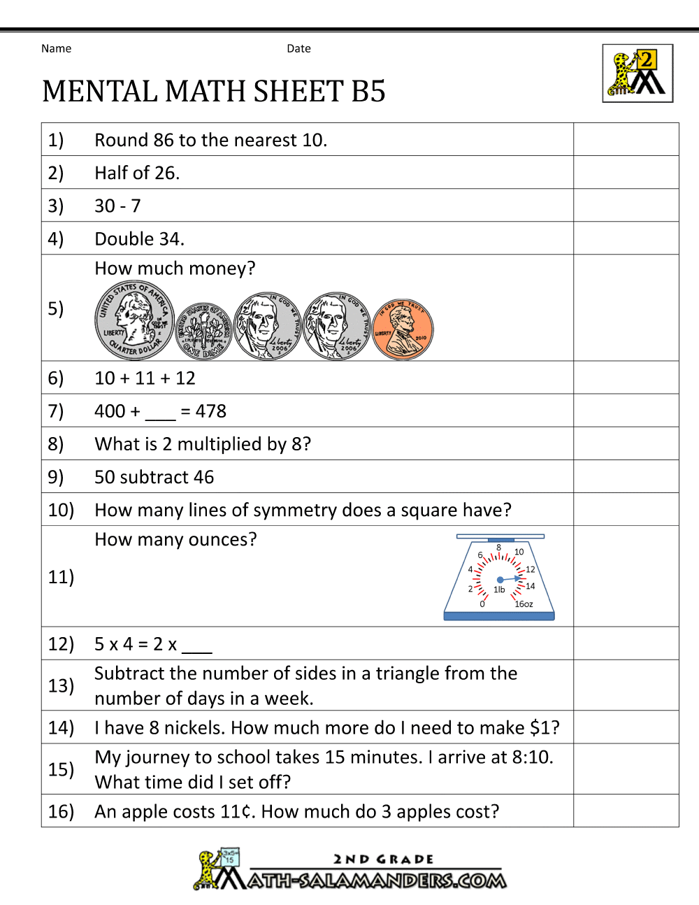 mental math worksheet 2nd grade b5