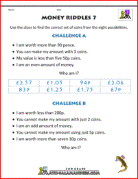 money worksheets uk Money Riddles 7