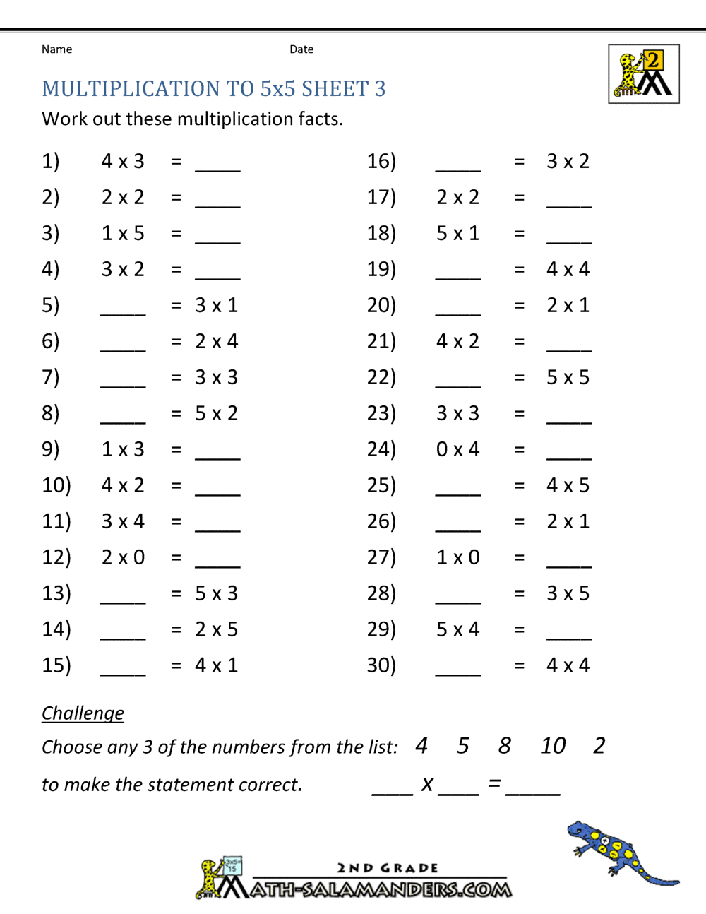 multiplication practice worksheets to 5x5