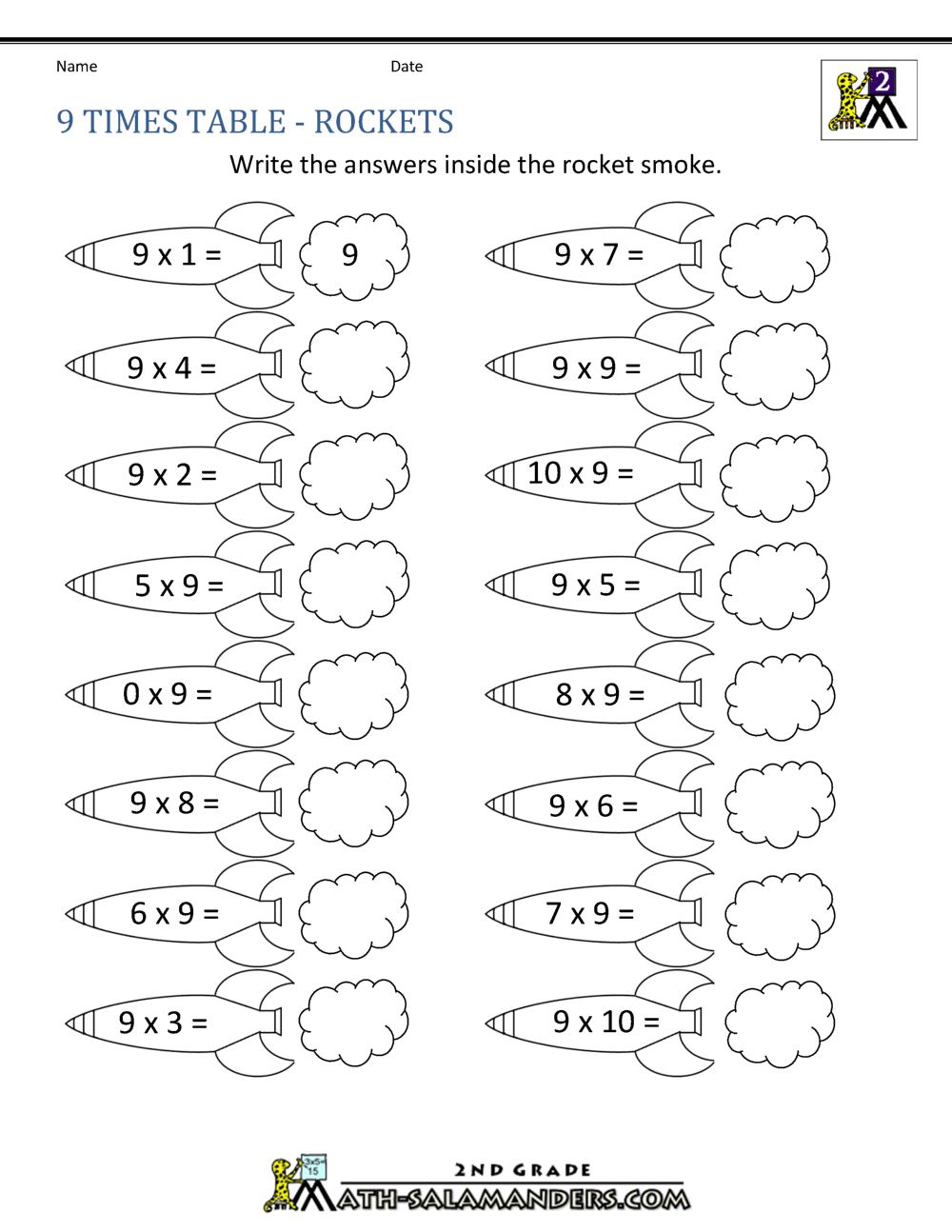 Multiplication 9 Times Table Worksheet