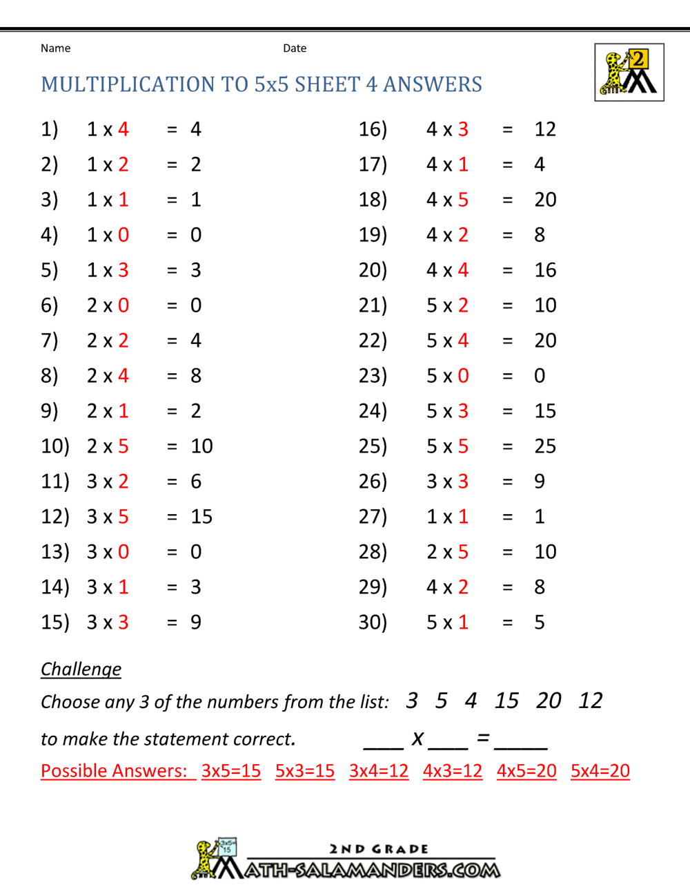 Multiplication Practice Worksheets to 5x5