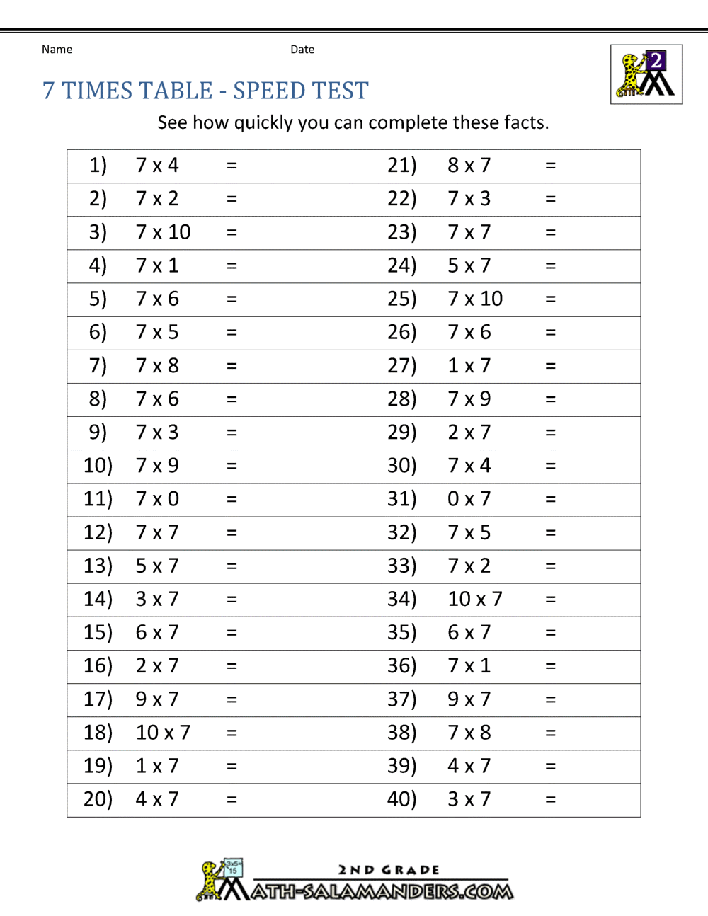 Multiplication 7 Worksheet Printable