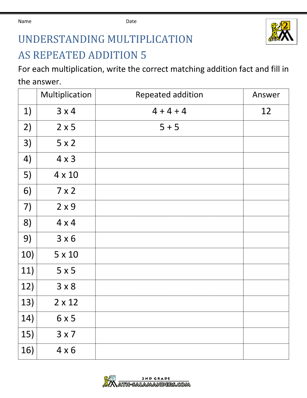 Multiplication By Addition Worksheet