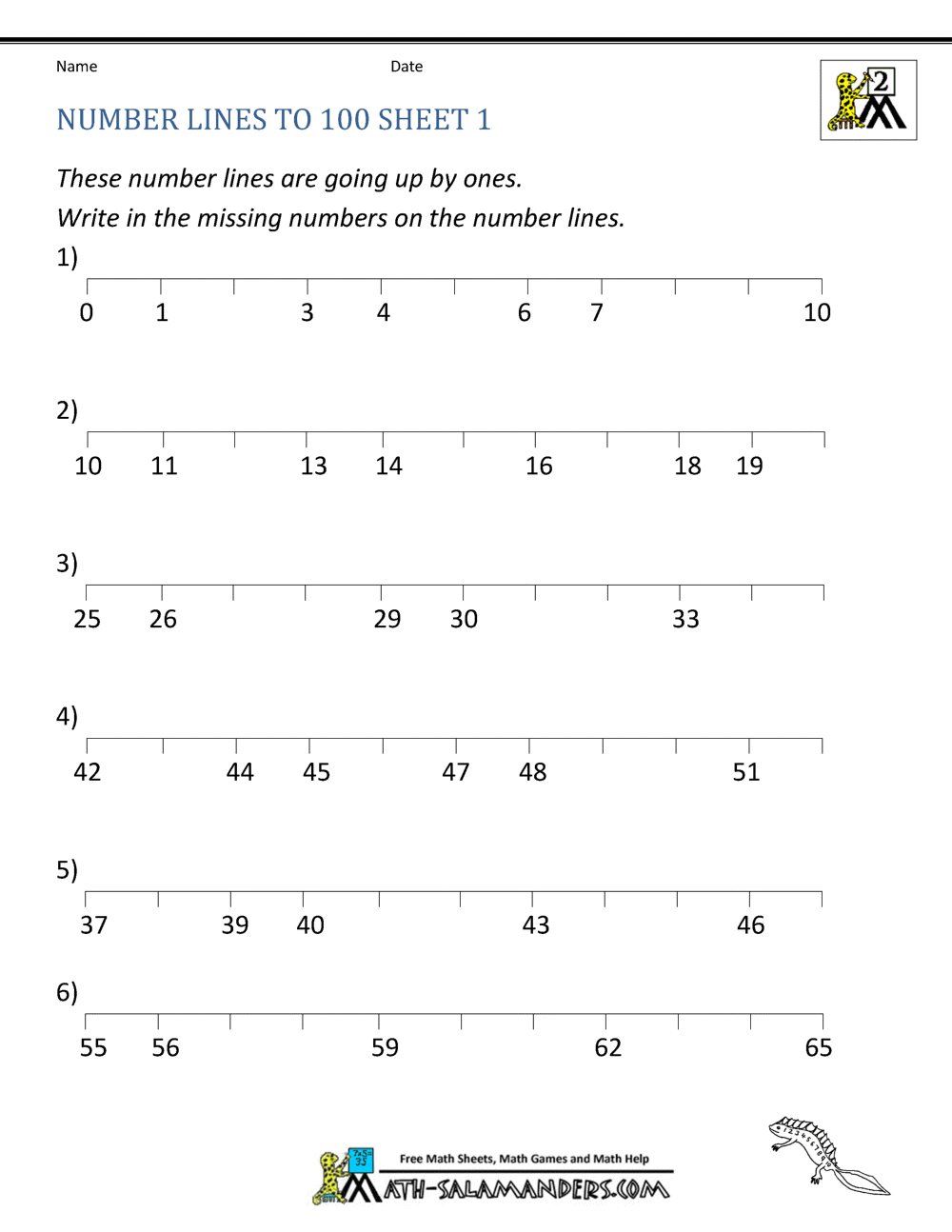 Number Lines Worksheets - Counting by 1s and halves