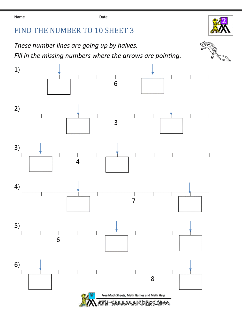 Math Number Line Worksheets - Counting by halves