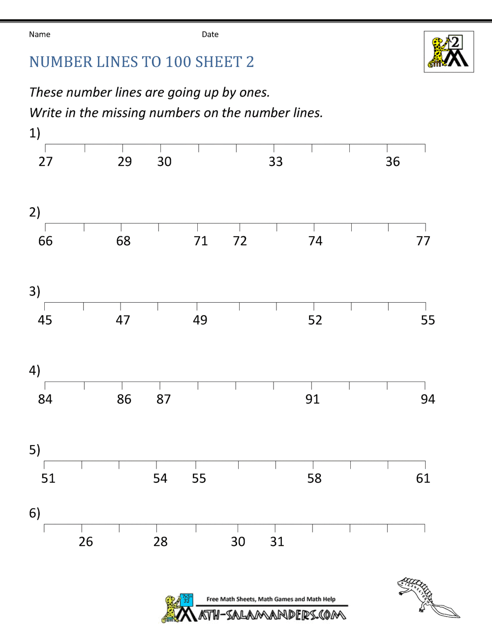 Number Lines Worksheet