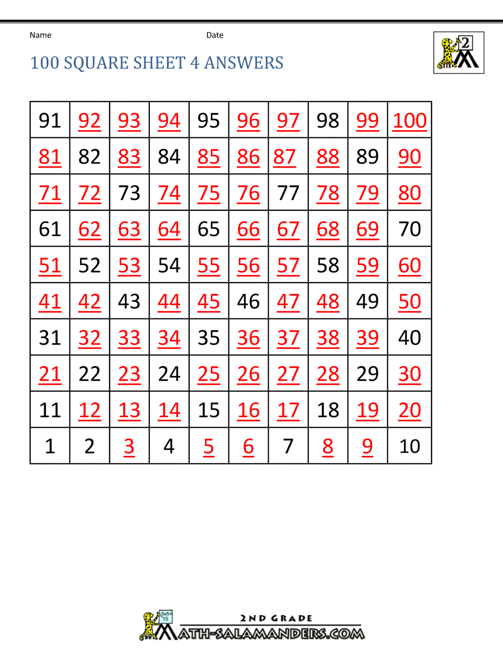 Number Square Worksheets