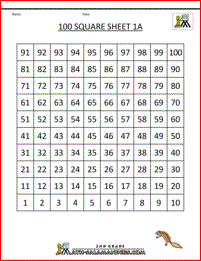 number squares 100 squares 1a