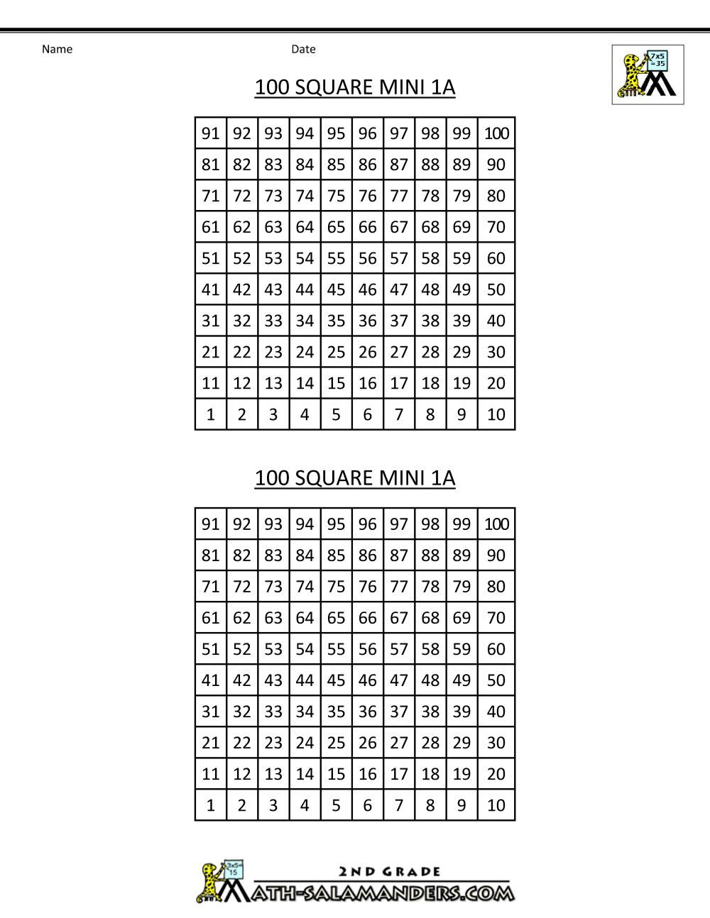 number squares worksheets