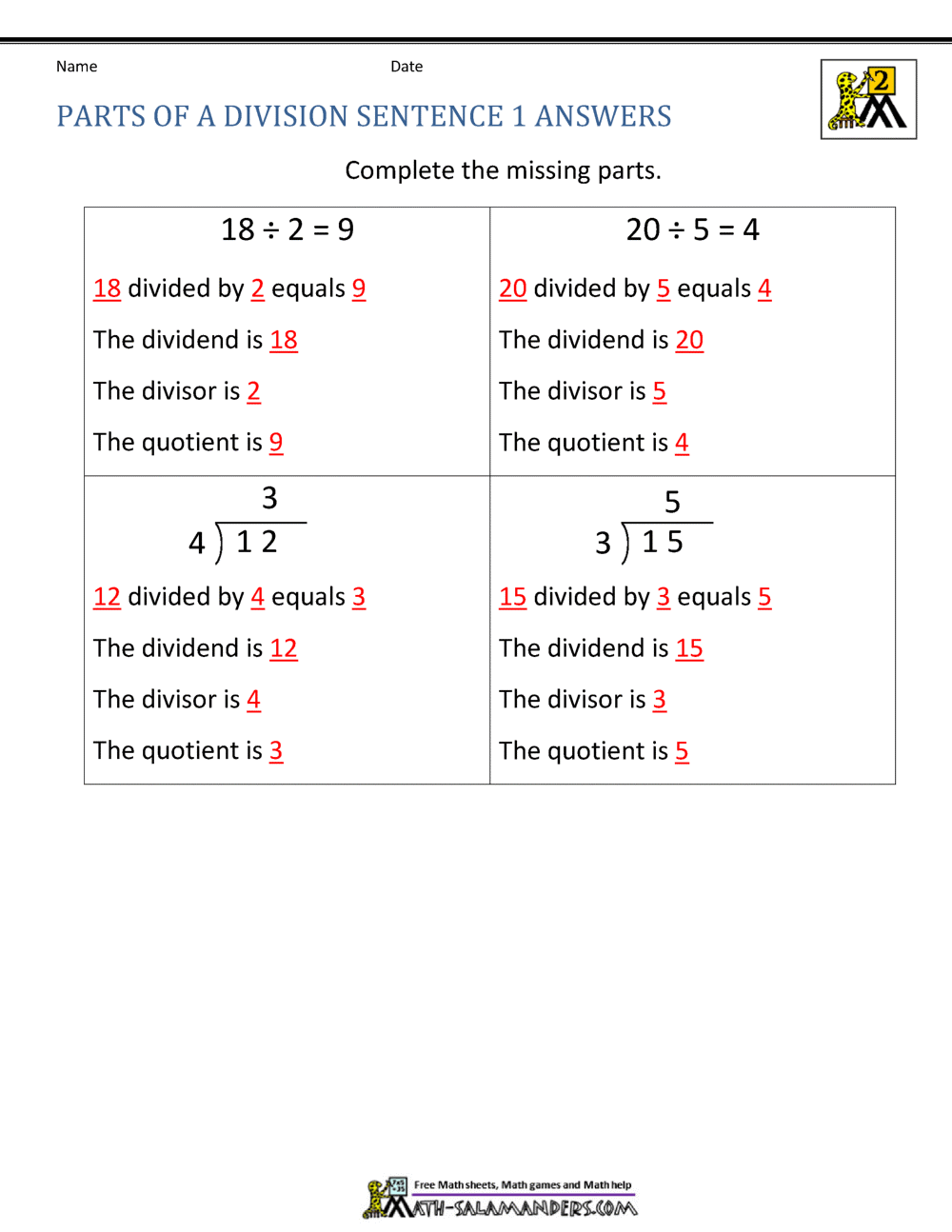 Parts Of Division Sentence Worksheets