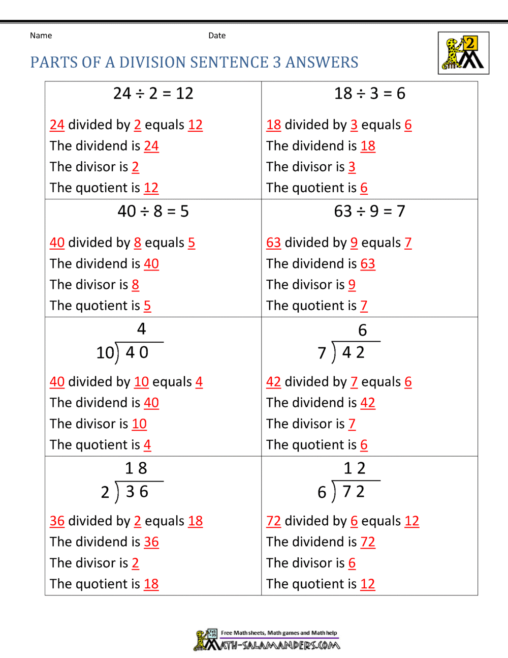 Division Sentence Worksheets For Grade 2