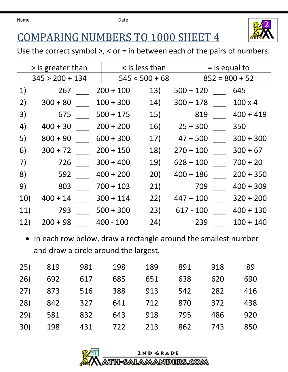 Comparing Numbers to 1000