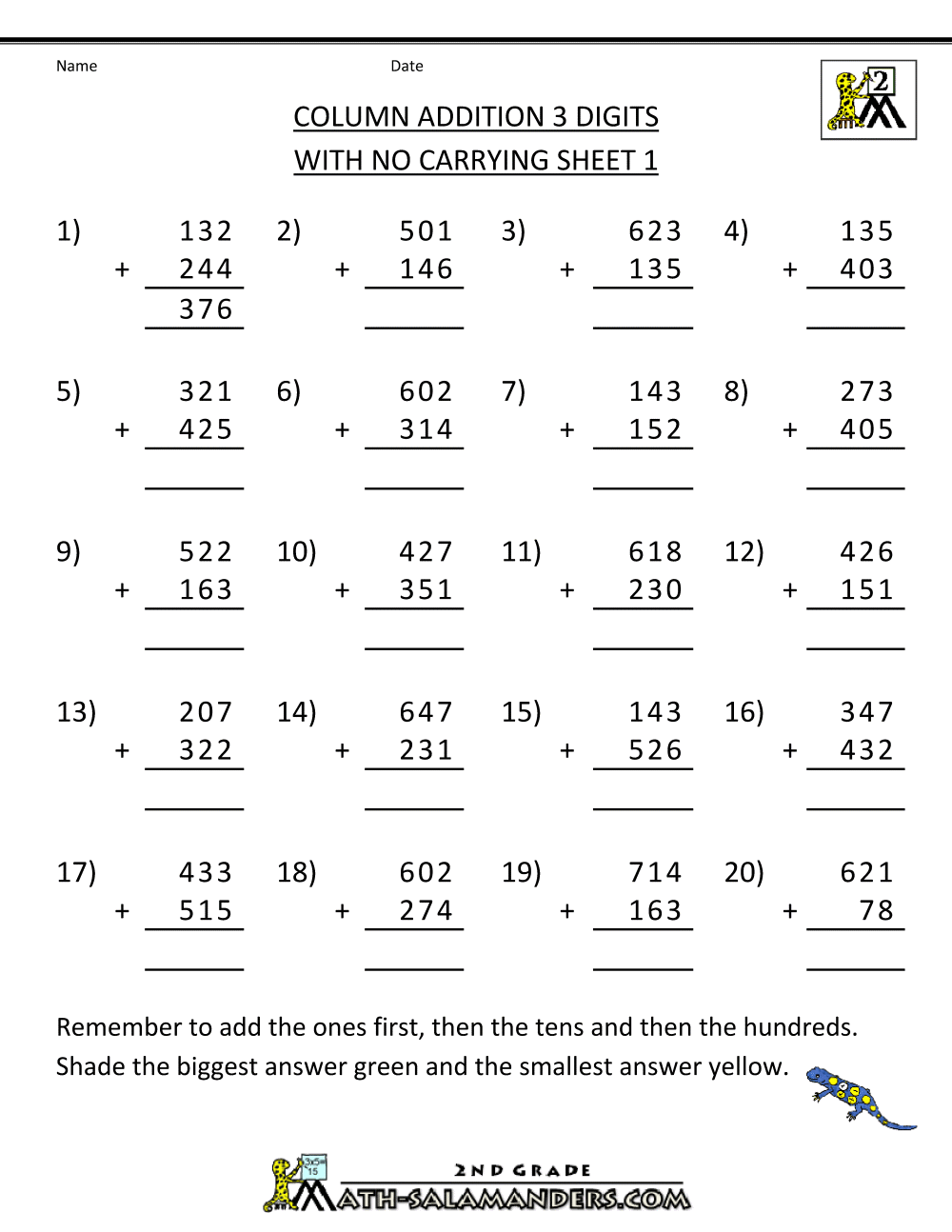 addition worksheets no carry over