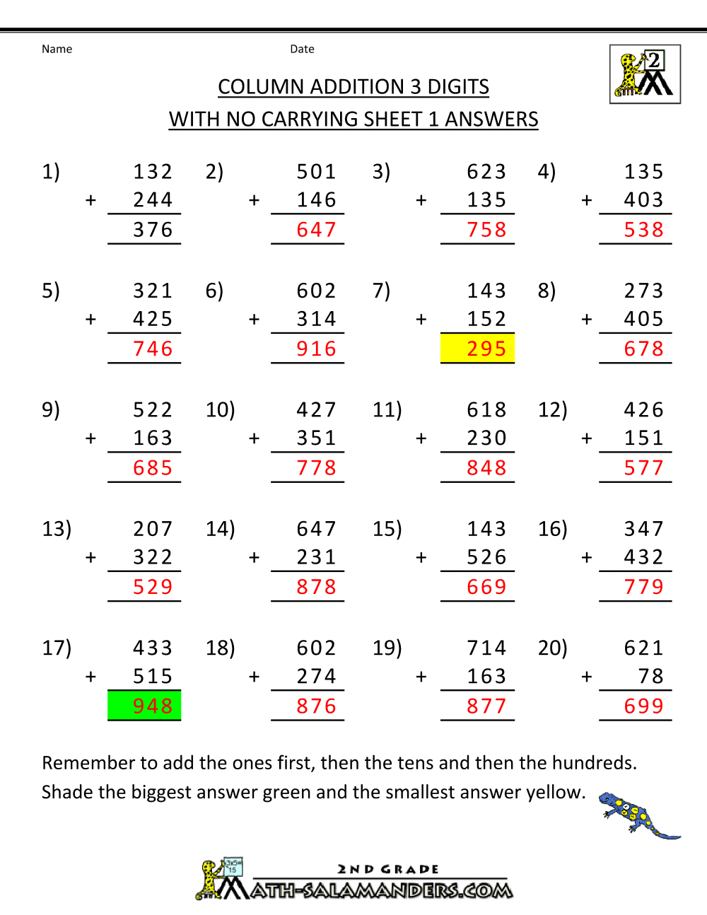 Free Printable Addition Worksheets 3 Digits