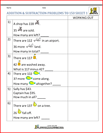 printable addition and subtraction word problems to 150 1